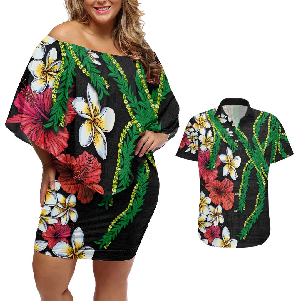 Hawaiian Tropical Flowers and Maile Pikake Couples Matching Off Shoulder Short Dress and Hawaiian Shirt Polynesian Tribal Pattern Black Color LT03