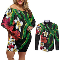 Hawaiian Tropical Flowers and Maile Pikake Couples Matching Off Shoulder Short Dress and Long Sleeve Button Shirt Polynesian Tribal Pattern Black Color LT03 Black - Polynesian Pride