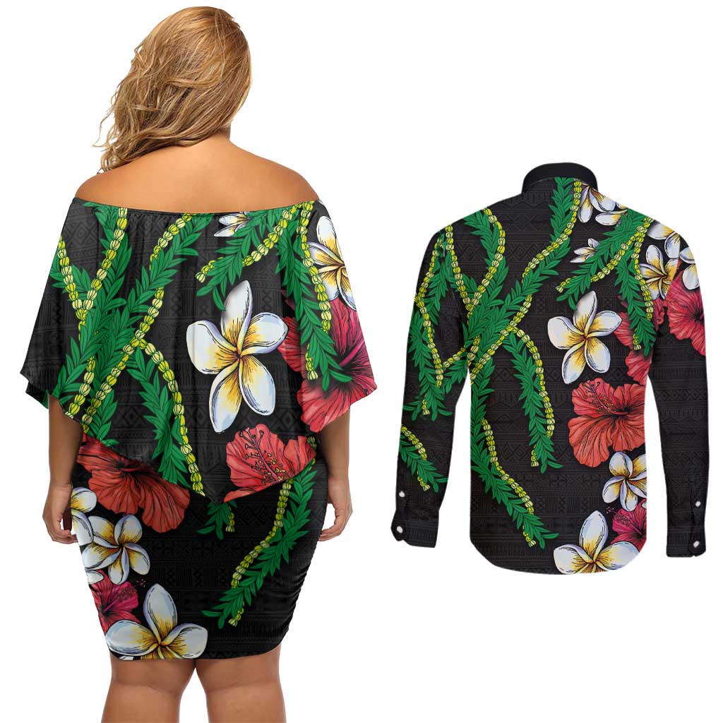 Hawaiian Tropical Flowers and Maile Pikake Couples Matching Off Shoulder Short Dress and Long Sleeve Button Shirt Polynesian Tribal Pattern Black Color LT03 - Polynesian Pride