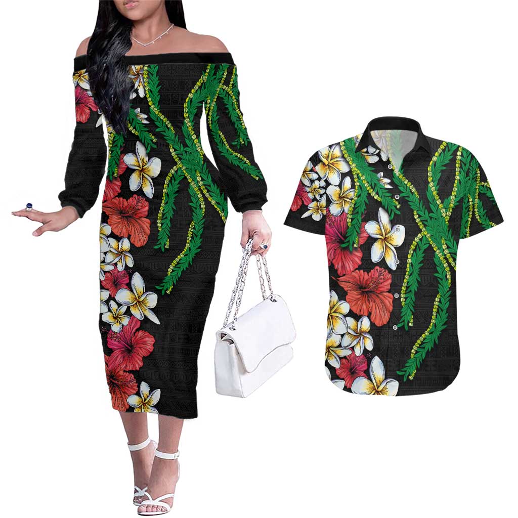 Hawaiian Tropical Flowers and Maile Pikake Couples Matching Off The Shoulder Long Sleeve Dress and Hawaiian Shirt Polynesian Tribal Pattern Black Color