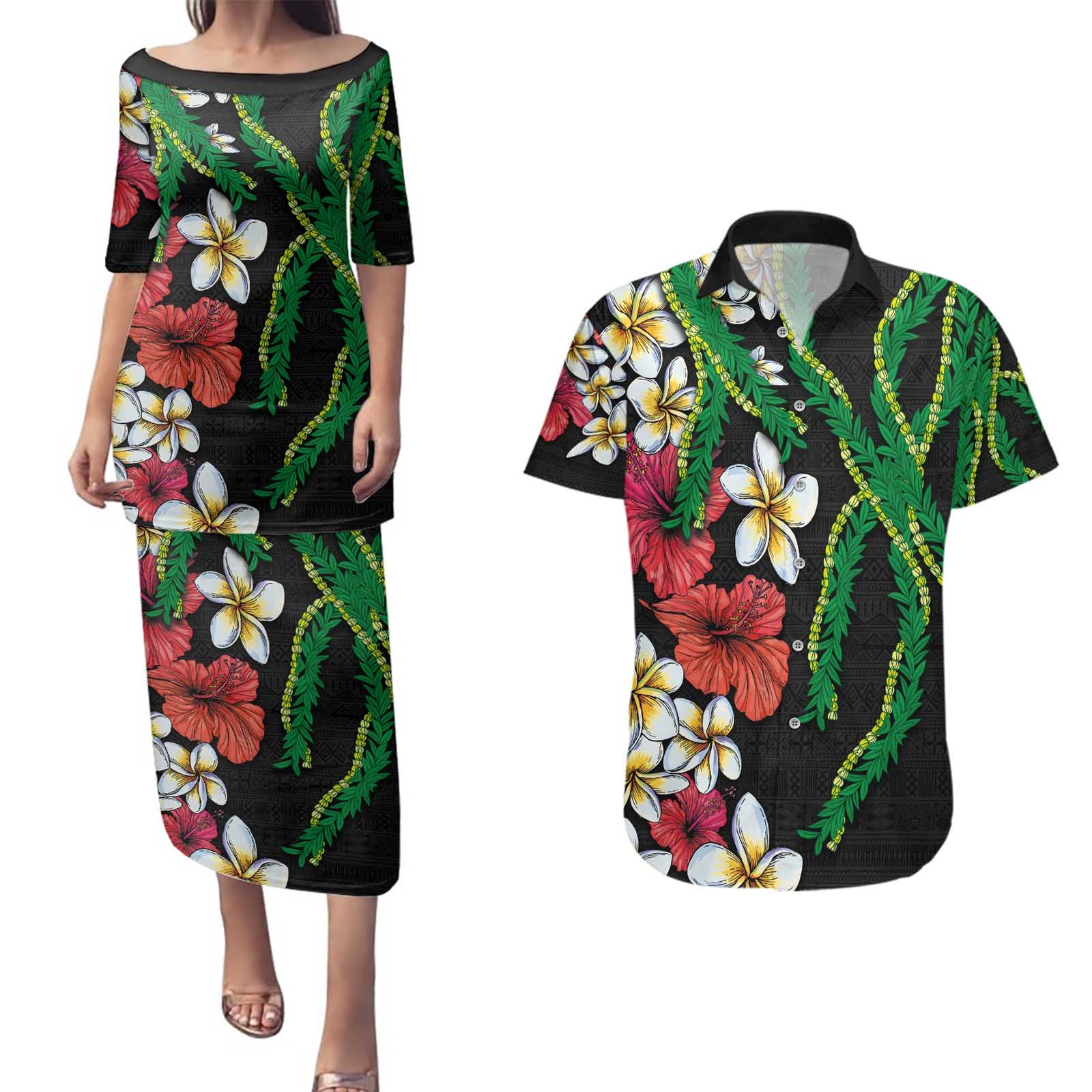 Hawaiian Tropical Flowers and Maile Pikake Couples Matching Puletasi and Hawaiian Shirt Polynesian Tribal Pattern Black Color LT03 Black - Polynesian Pride