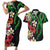 Hawaiian Tropical Flowers and Maile Pikake Couples Matching Short Sleeve Bodycon Dress and Hawaiian Shirt Polynesian Tribal Pattern Black Color