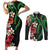 Hawaiian Tropical Flowers and Maile Pikake Couples Matching Short Sleeve Bodycon Dress and Long Sleeve Button Shirt Polynesian Tribal Pattern Black Color