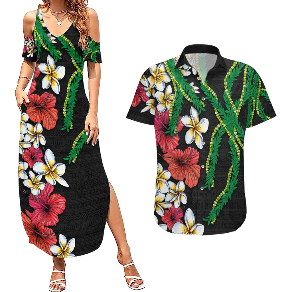 Hawaiian Tropical Flowers and Maile Pikake Couples Matching Summer Maxi Dress and Hawaiian Shirt Polynesian Tribal Pattern Black Color LT03 Black - Polynesian Pride