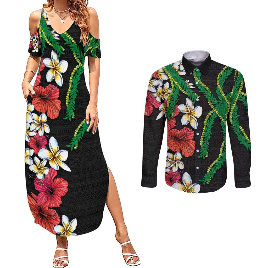 Hawaiian Tropical Flowers and Maile Pikake Couples Matching Summer Maxi Dress and Long Sleeve Button Shirt Polynesian Tribal Pattern Black Color