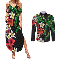 Hawaiian Tropical Flowers and Maile Pikake Couples Matching Summer Maxi Dress and Long Sleeve Button Shirt Polynesian Tribal Pattern Black Color LT03 Black - Polynesian Pride