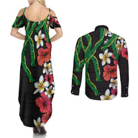 Hawaiian Tropical Flowers and Maile Pikake Couples Matching Summer Maxi Dress and Long Sleeve Button Shirt Polynesian Tribal Pattern Black Color LT03 - Polynesian Pride