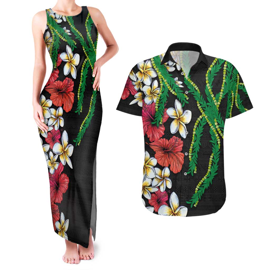 Hawaiian Tropical Flowers and Maile Pikake Couples Matching Tank Maxi Dress and Hawaiian Shirt Polynesian Tribal Pattern Black Color