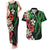 Hawaiian Tropical Flowers and Maile Pikake Couples Matching Tank Maxi Dress and Hawaiian Shirt Polynesian Tribal Pattern Black Color