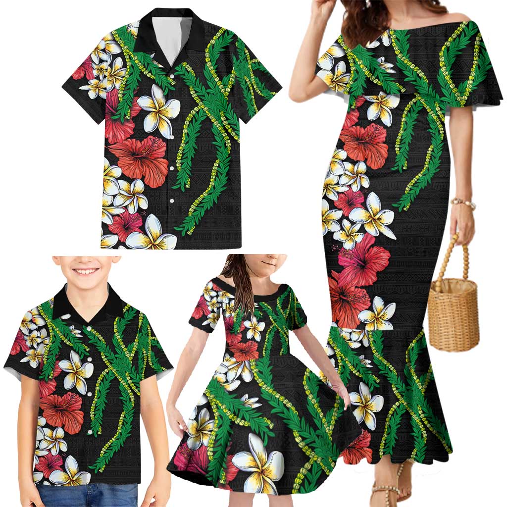 Hawaiian Tropical Flowers and Maile Pikake Family Matching Mermaid Dress and Hawaiian Shirt Polynesian Tribal Pattern Black Color