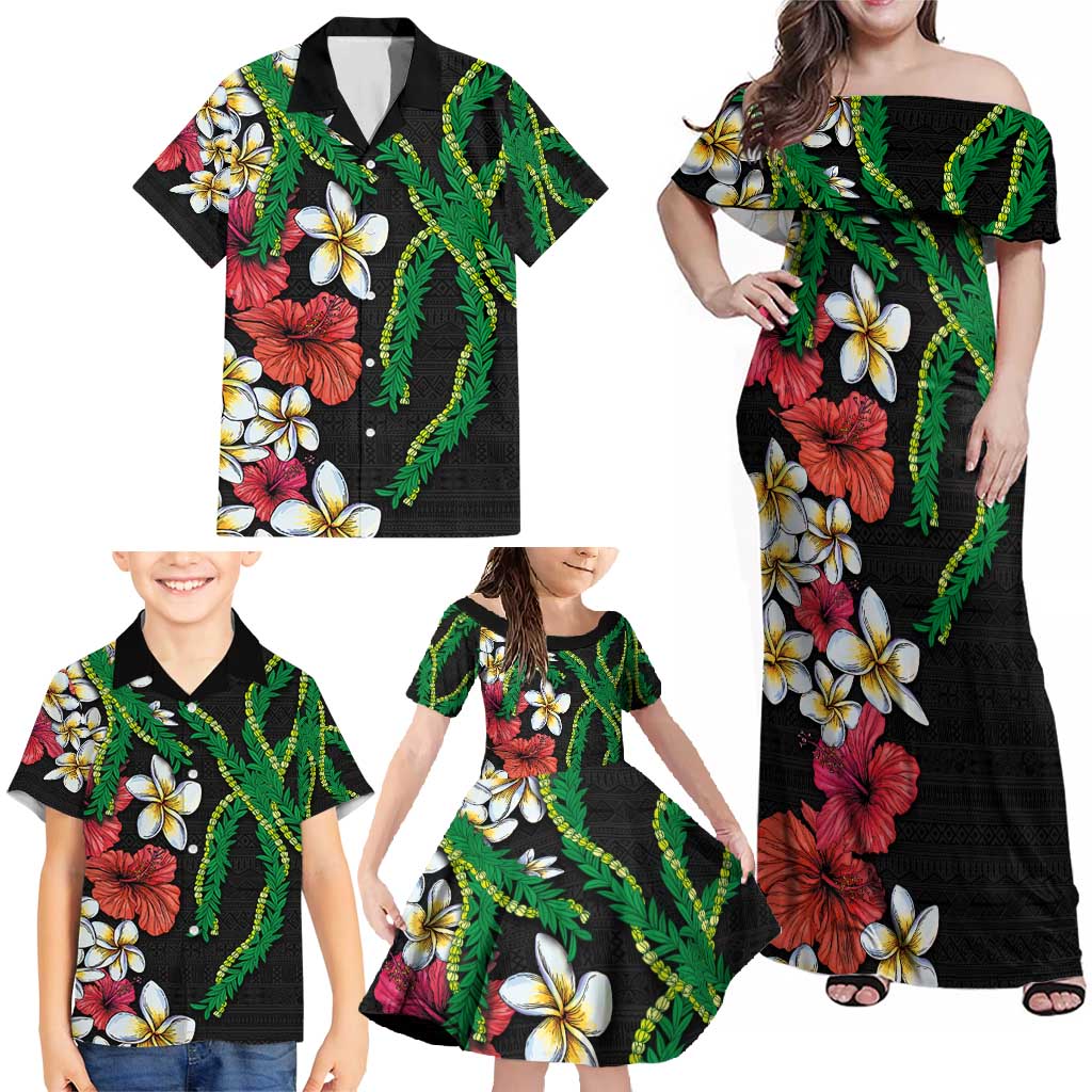 Hawaiian Tropical Flowers and Maile Pikake Family Matching Off Shoulder Maxi Dress and Hawaiian Shirt Polynesian Tribal Pattern Black Color