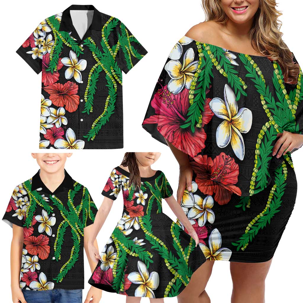 Hawaiian Tropical Flowers and Maile Pikake Family Matching Off Shoulder Short Dress and Hawaiian Shirt Polynesian Tribal Pattern Black Color LT03