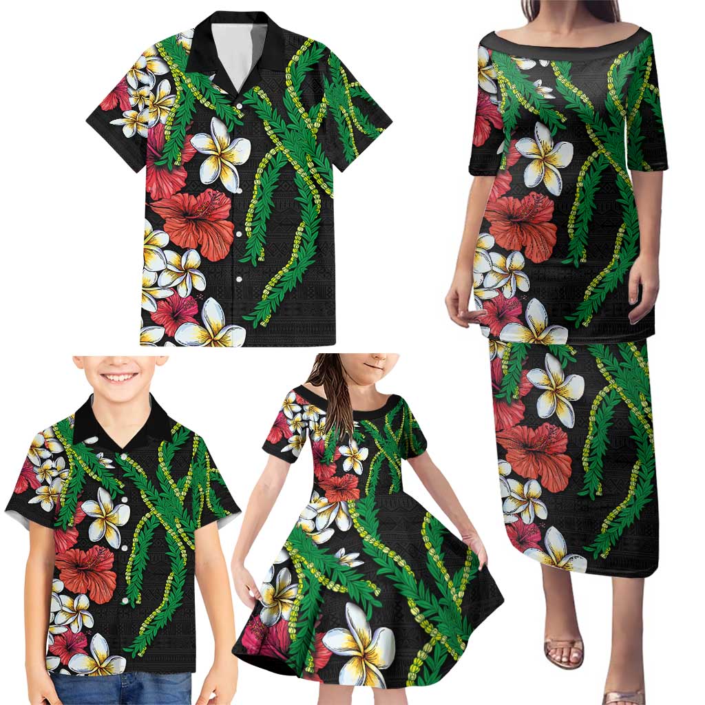Hawaiian Tropical Flowers and Maile Pikake Family Matching Puletasi and Hawaiian Shirt Polynesian Tribal Pattern Black Color LT03 - Polynesian Pride
