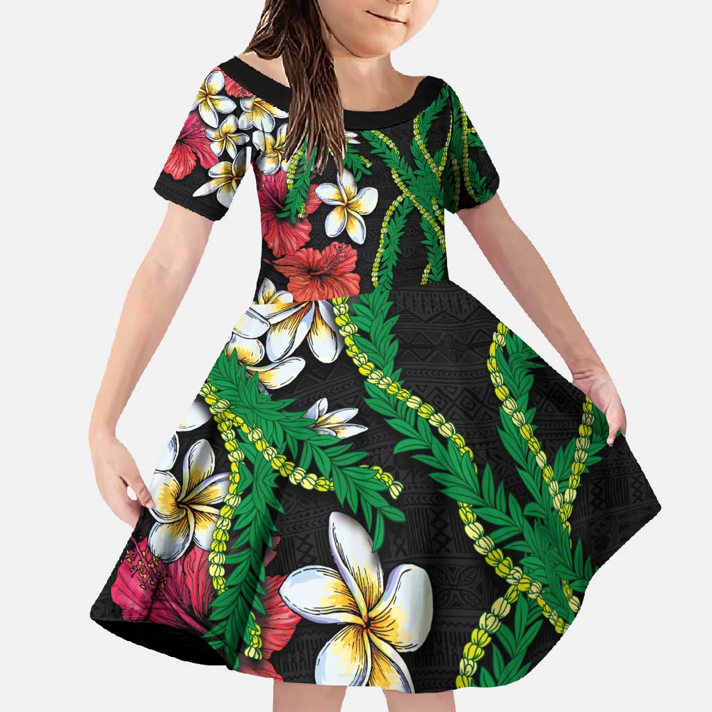 Hawaiian Tropical Flowers and Maile Pikake Family Matching Summer Maxi Dress and Hawaiian Shirt Polynesian Tribal Pattern Black Color LT03 Daughter's Dress Black - Polynesian Pride