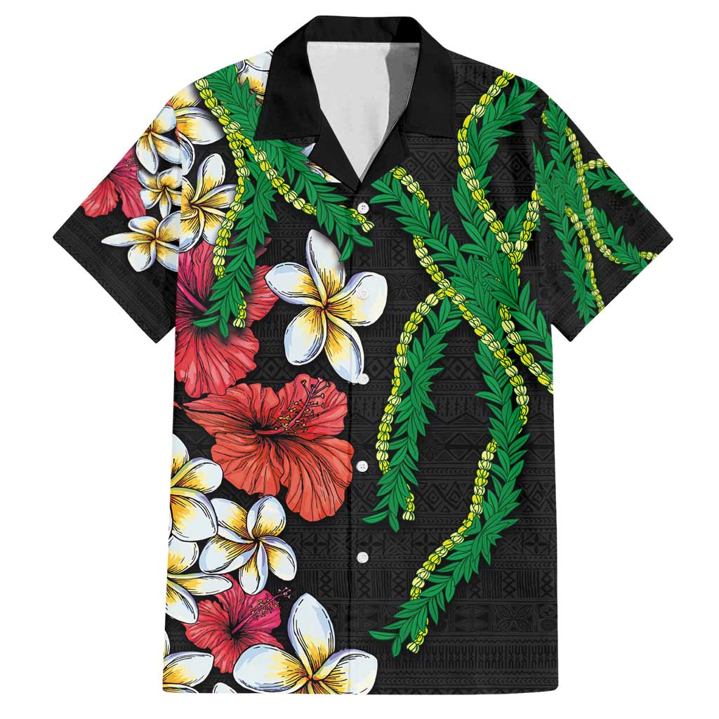 Hawaiian Tropical Flowers and Maile Pikake Family Matching Summer Maxi Dress and Hawaiian Shirt Polynesian Tribal Pattern Black Color LT03 Dad's Shirt - Short Sleeve Black - Polynesian Pride