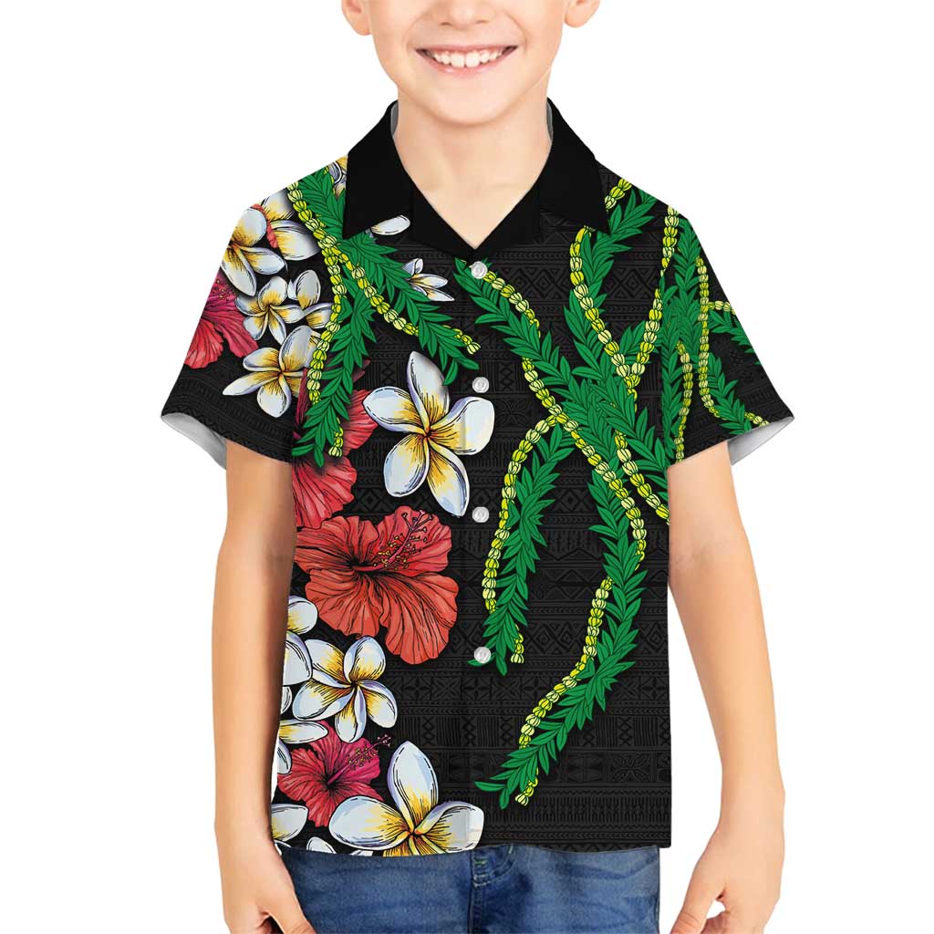 Hawaiian Tropical Flowers and Maile Pikake Family Matching Summer Maxi Dress and Hawaiian Shirt Polynesian Tribal Pattern Black Color LT03 Son's Shirt Black - Polynesian Pride