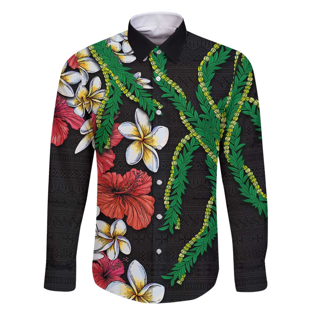 Hawaiian Tropical Flowers and Maile Pikake Family Matching Tank Maxi Dress and Hawaiian Shirt Polynesian Tribal Pattern Black Color