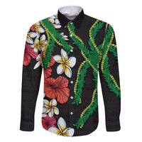 Hawaiian Tropical Flowers and Maile Pikake Family Matching Tank Maxi Dress and Hawaiian Shirt Polynesian Tribal Pattern Black Color
