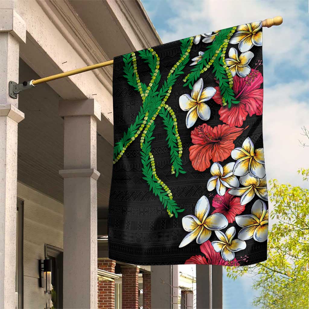 Hawaiian Tropical Flowers and Maile Pikake Garden Flag Polynesian Tribal Pattern Black Color LT03 House Flag Black - Polynesian Pride