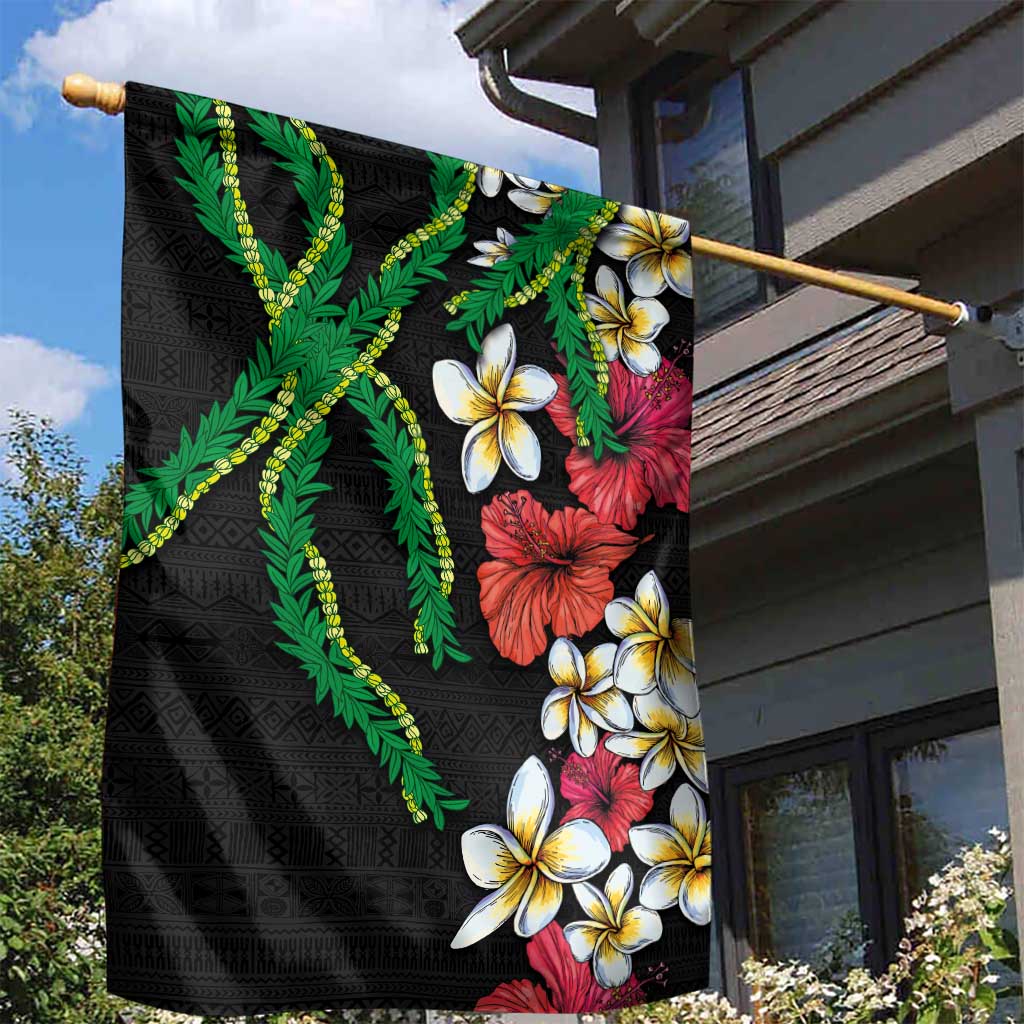 Hawaiian Tropical Flowers and Maile Pikake Garden Flag Polynesian Tribal Pattern Black Color LT03 - Polynesian Pride