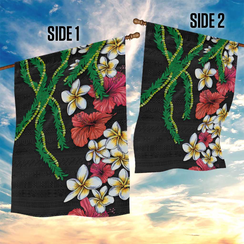 Hawaiian Tropical Flowers and Maile Pikake Garden Flag Polynesian Tribal Pattern Black Color LT03 - Polynesian Pride