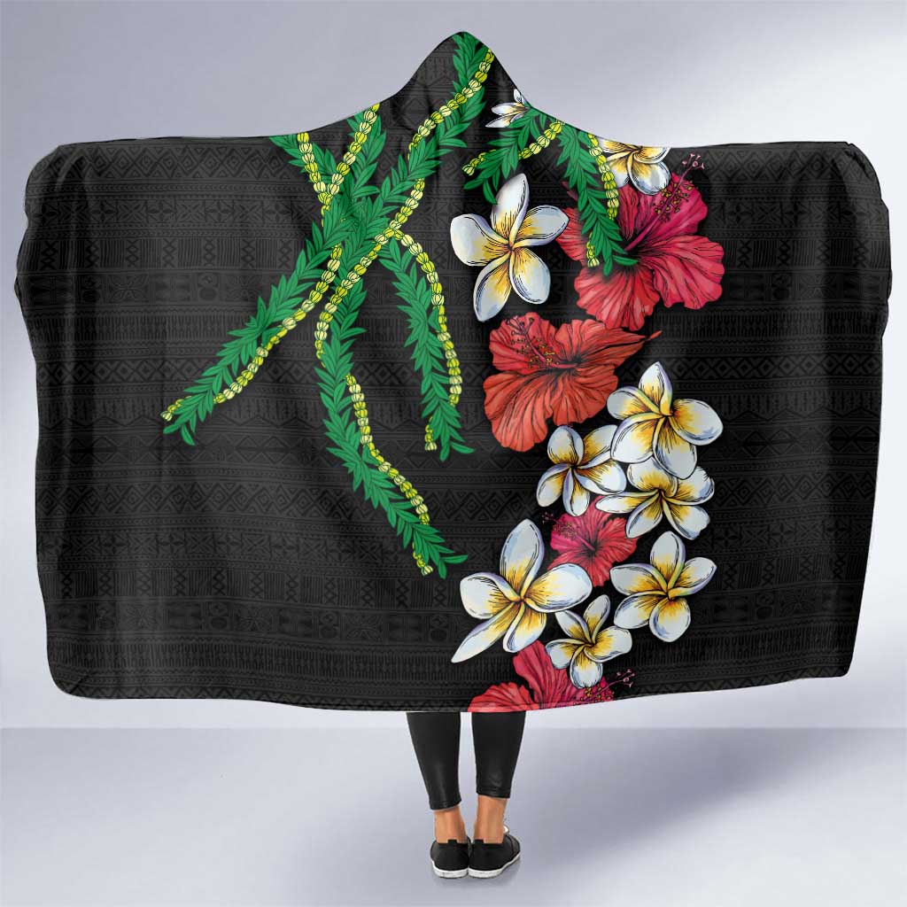 Hawaiian Tropical Flowers and Maile Pikake Hooded Blanket Polynesian Tribal Pattern Black Color