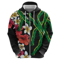 Hawaiian Tropical Flowers and Maile Pikake Hoodie Polynesian Tribal Pattern Black Color