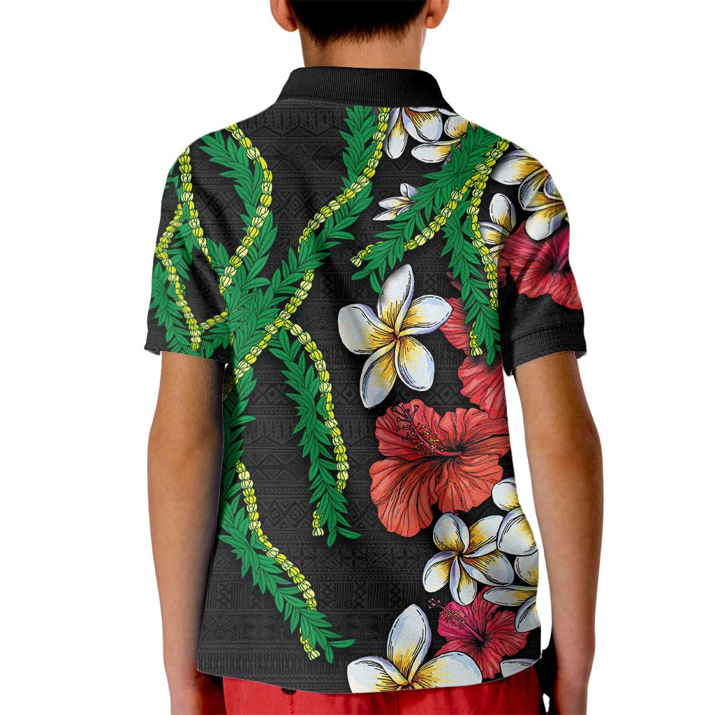 Hawaiian Tropical Flowers and Maile Pikake Kid Polo Shirt Polynesian Tribal Pattern Black Color