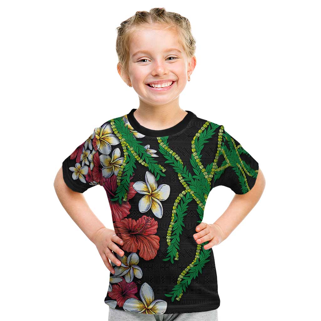 Hawaiian Tropical Flowers and Maile Pikake Kid T Shirt Polynesian Tribal Pattern Black Color