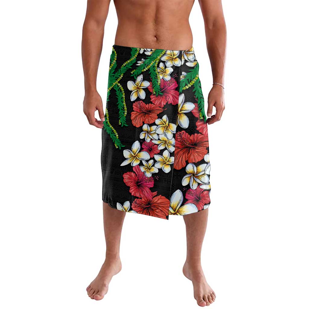 Hawaiian Tropical Flowers and Maile Pikake Lavalava Polynesian Tribal Pattern Black Color LT03 Black - Polynesian Pride