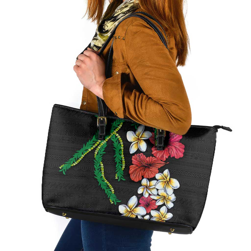 Hawaiian Tropical Flowers and Maile Pikake Leather Tote Bag Polynesian Tribal Pattern Black Color