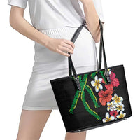 Hawaiian Tropical Flowers and Maile Pikake Leather Tote Bag Polynesian Tribal Pattern Black Color LT03 - Polynesian Pride