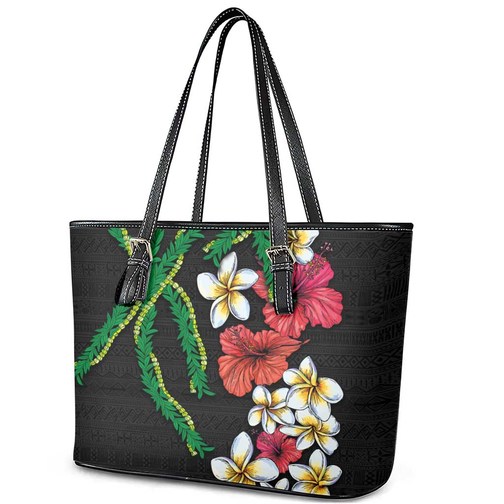 Hawaiian Tropical Flowers and Maile Pikake Leather Tote Bag Polynesian Tribal Pattern Black Color LT03 - Polynesian Pride