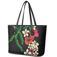 Hawaiian Tropical Flowers and Maile Pikake Leather Tote Bag Polynesian Tribal Pattern Black Color LT03 - Polynesian Pride