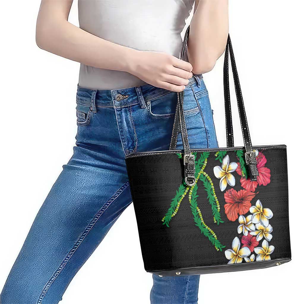 Hawaiian Tropical Flowers and Maile Pikake Leather Tote Bag Polynesian Tribal Pattern Black Color LT03 - Polynesian Pride