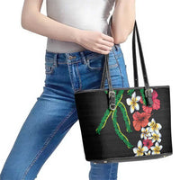 Hawaiian Tropical Flowers and Maile Pikake Leather Tote Bag Polynesian Tribal Pattern Black Color LT03 - Polynesian Pride