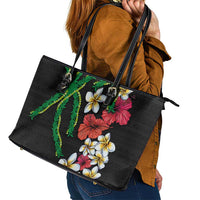 Hawaiian Tropical Flowers and Maile Pikake Leather Tote Bag Polynesian Tribal Pattern Black Color LT03 - Polynesian Pride
