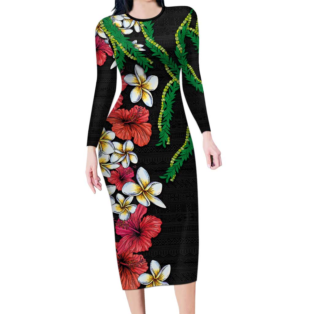 Hawaiian Tropical Flowers and Maile Pikake Long Sleeve Bodycon Dress Polynesian Tribal Pattern Black Color