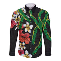 Hawaiian Tropical Flowers and Maile Pikake Long Sleeve Button Shirt Polynesian Tribal Pattern Black Color LT03 Unisex Black - Polynesian Pride
