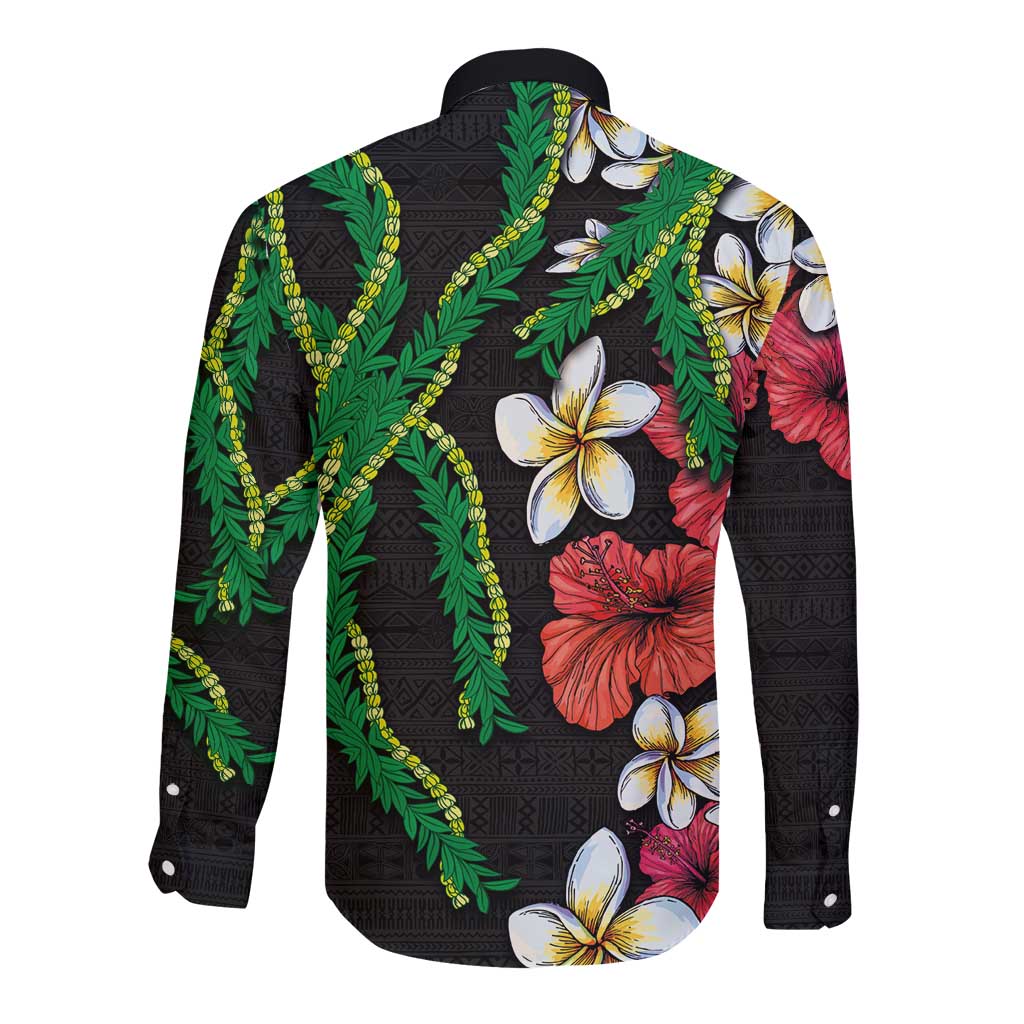 Hawaiian Tropical Flowers and Maile Pikake Long Sleeve Button Shirt Polynesian Tribal Pattern Black Color LT03 - Polynesian Pride