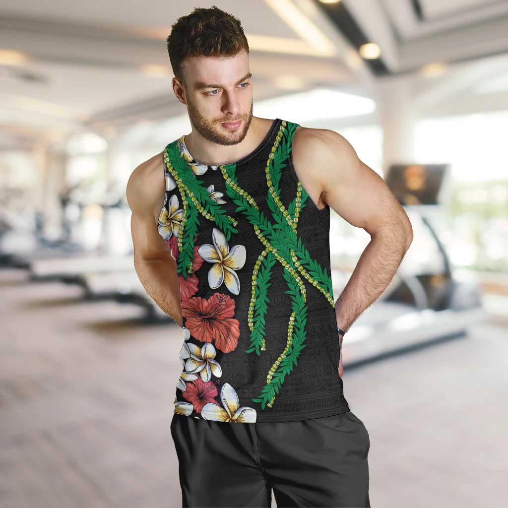 Hawaiian Tropical Flowers and Maile Pikake Men Tank Top Polynesian Tribal Pattern Black Color