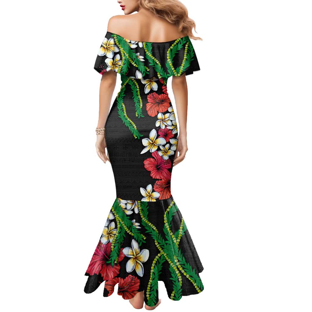 Hawaiian Tropical Flowers and Maile Pikake Mermaid Dress Polynesian Tribal Pattern Black Color