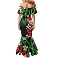 Hawaiian Tropical Flowers and Maile Pikake Mermaid Dress Polynesian Tribal Pattern Black Color