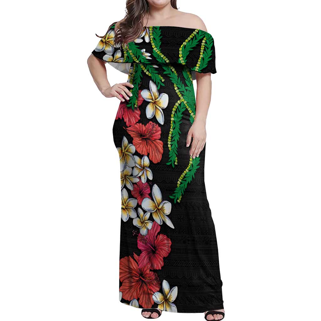 Hawaiian Tropical Flowers and Maile Pikake Off Shoulder Maxi Dress Polynesian Tribal Pattern Black Color