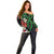 Hawaiian Tropical Flowers and Maile Pikake Off Shoulder Sweater Polynesian Tribal Pattern Black Color