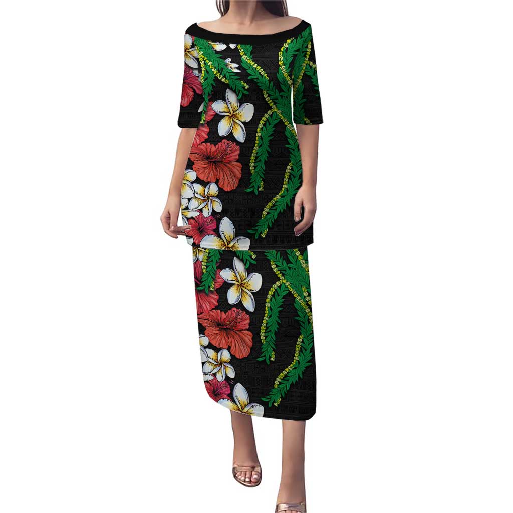 Hawaiian Tropical Flowers and Maile Pikake Puletasi Polynesian Tribal Pattern Black Color LT03 Long Dress Black - Polynesian Pride