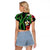 Hawaiian Tropical Flowers and Maile Pikake Raglan Cropped T Shirt Polynesian Tribal Pattern Black Color