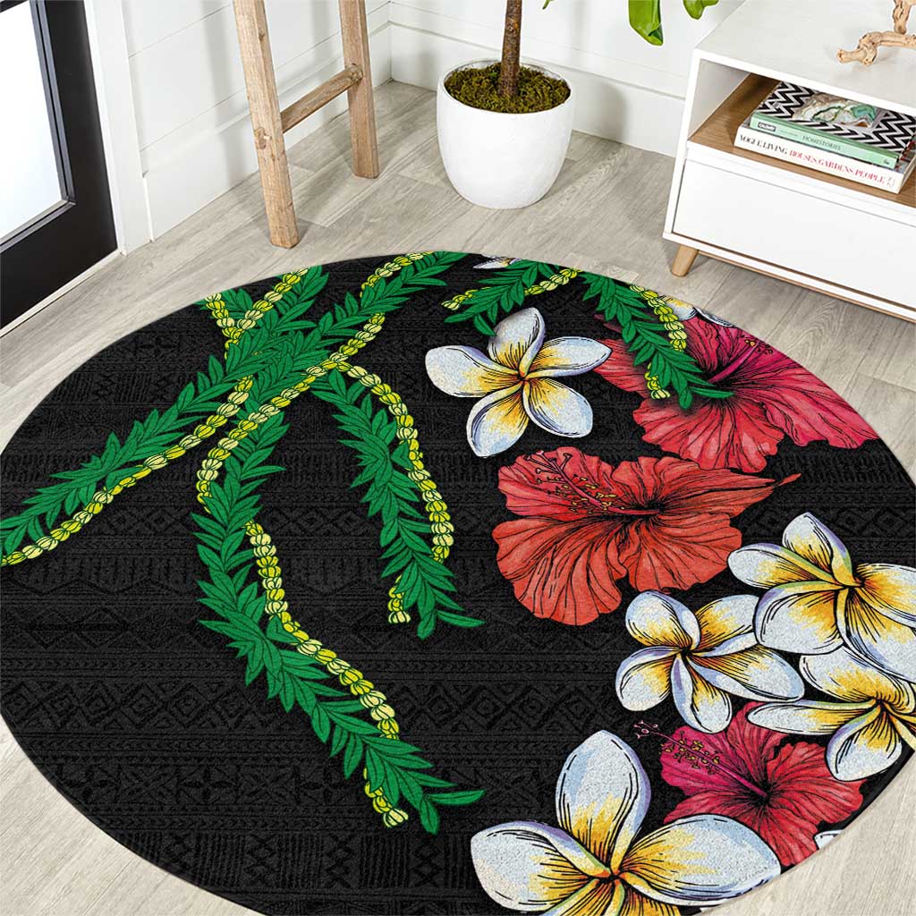 Hawaiian Tropical Flowers and Maile Pikake Round Carpet Polynesian Tribal Pattern Black Color