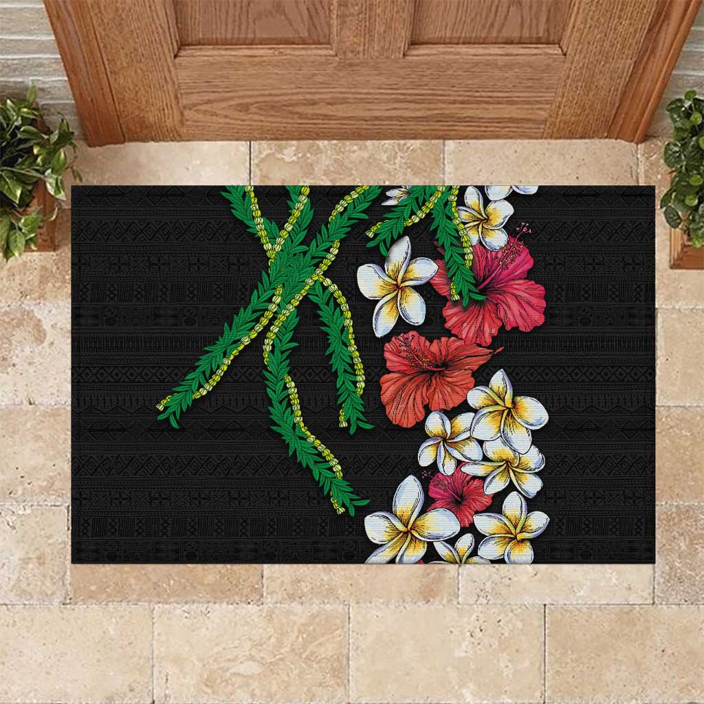 Hawaiian Tropical Flowers and Maile Pikake Rubber Doormat Polynesian Tribal Pattern Black Color