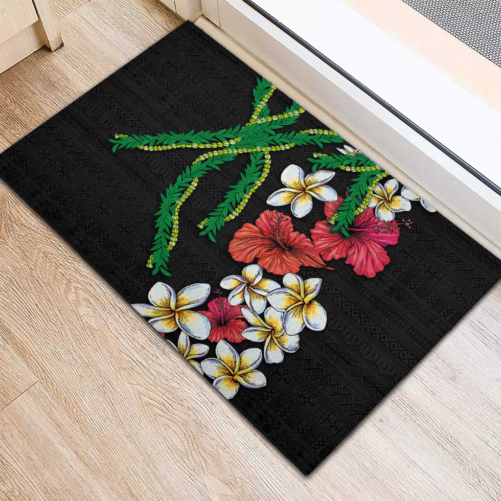 Hawaiian Tropical Flowers and Maile Pikake Rubber Doormat Polynesian Tribal Pattern Black Color LT03 - Polynesian Pride